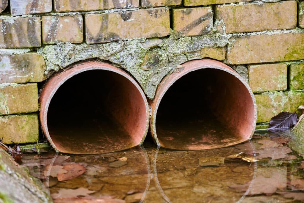 brickwork and drainage pipes reflected in water 2026 03 24 07 07 38 utc
