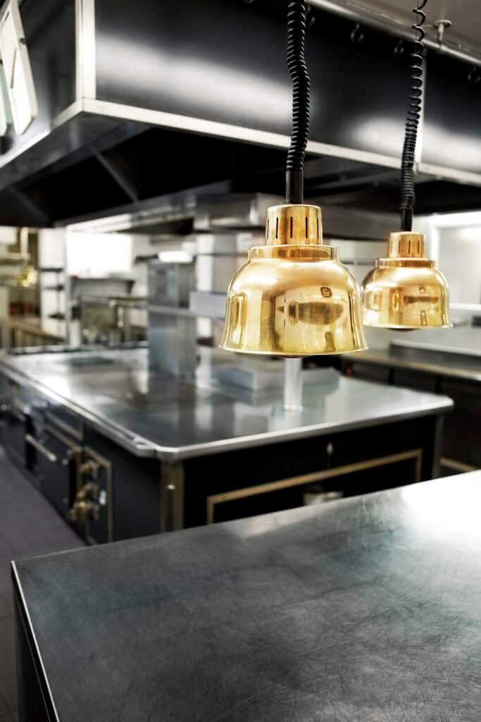 equipment and lamps in a restaurant kitchen