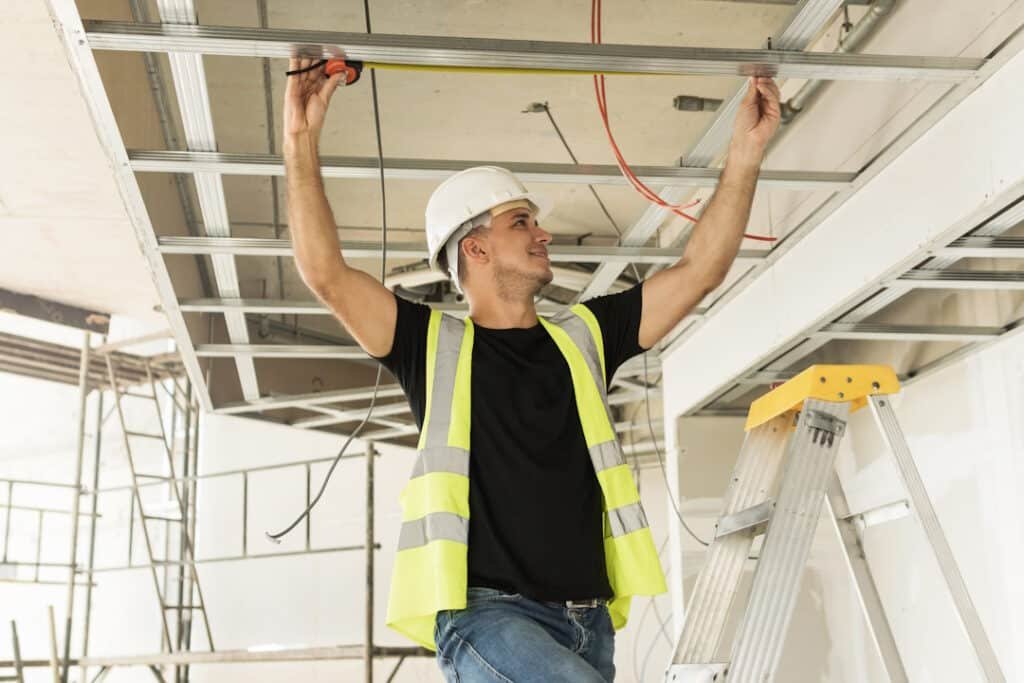 young worker with a measure tape on a construction site