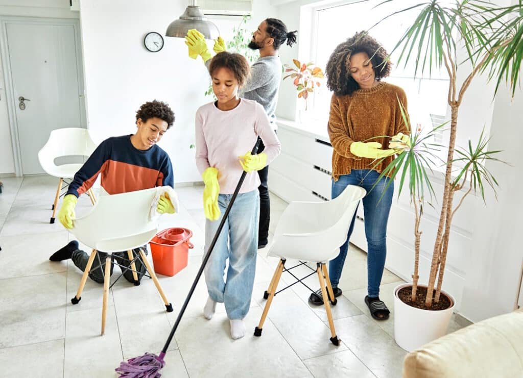 portrait of a young black family cleaning house, family doing chores at home