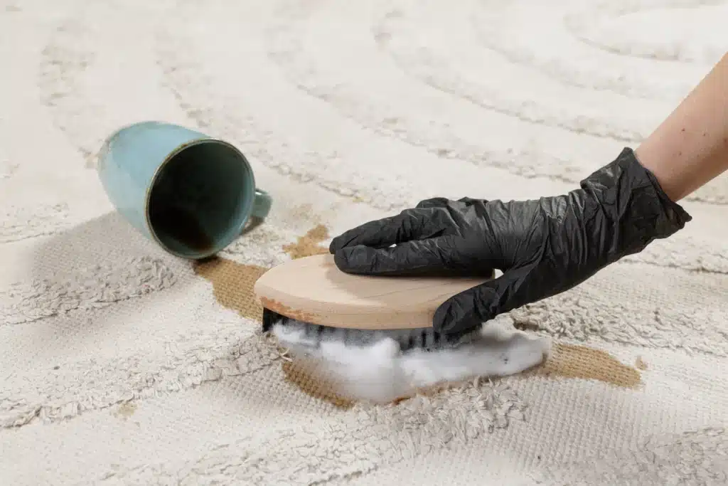 gloved worker removing coffee stain from carpet wi 2026 03 09 02 51 05 utc
