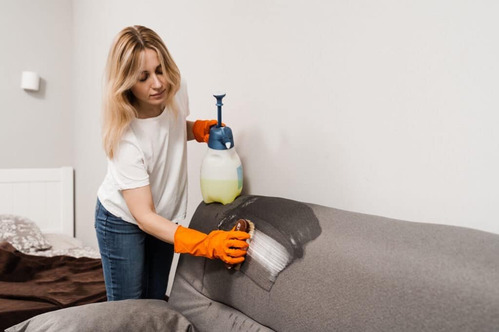 woman cleaning sofa with brush and spray bottle 2026 04 05 00 05 02 utc