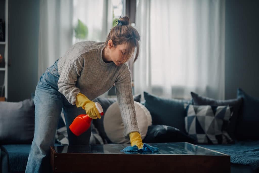 woman cleaning table with spray bottle and cloth 2026 03 25 09 00 50 utc