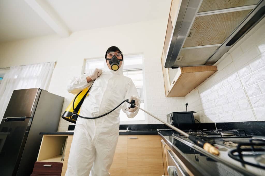 worker in hazmat suit cleans kitchen with sprayer 2026 03 18 14 55 00 utc