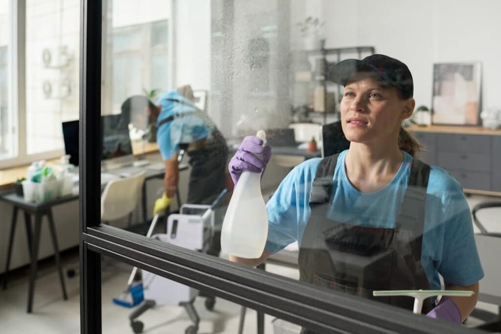 workers from cleaning service washing windows and floor in office