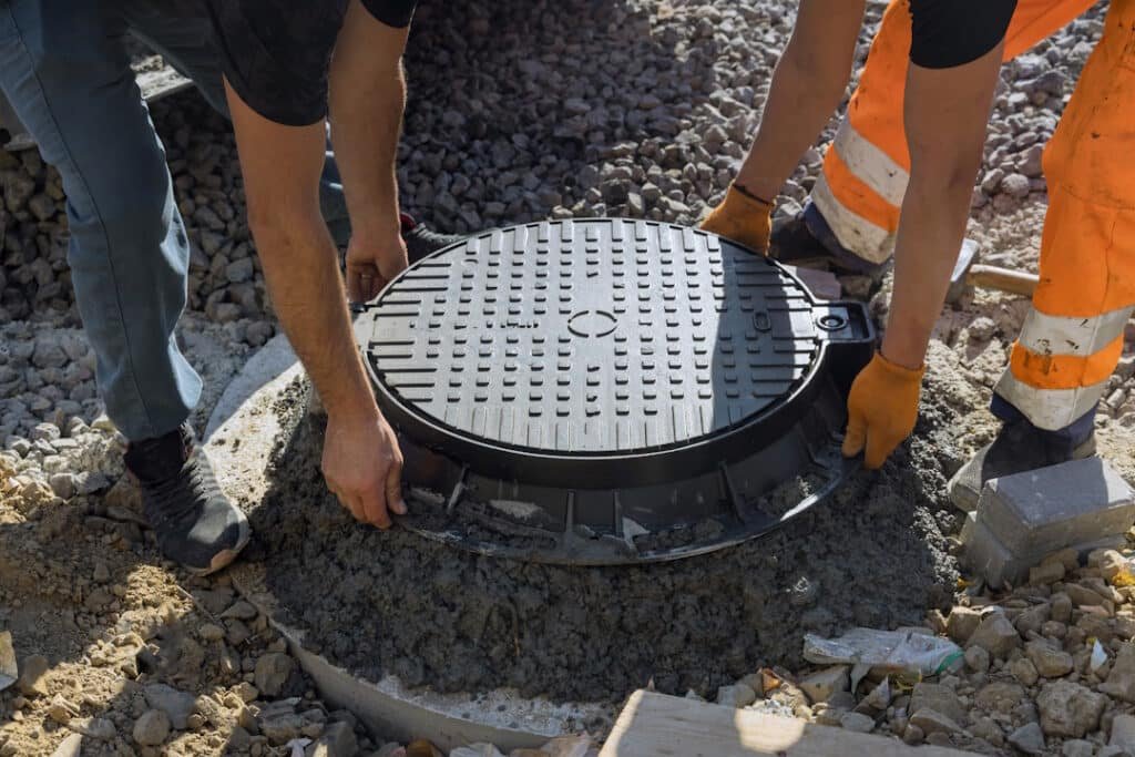 workers installing a manhole cover on a street 2026 01 09 09 17 20 utc